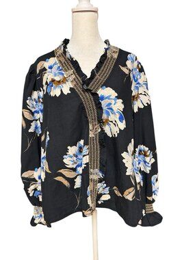 Entro Floral Blouse Medium Black Blue Long Sleeve Boho Cotton Top
